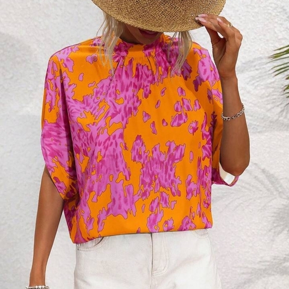 Womens' Stand Collar Tie-Dye Batwing Sleeve Shirt - Picture 3 of 5